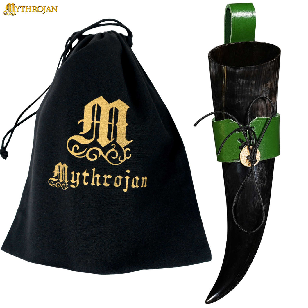 Mythrojan Drinking Horn with Leather Holder Authentic Medieval Inspired Viking Wine/Mead Mug - Green