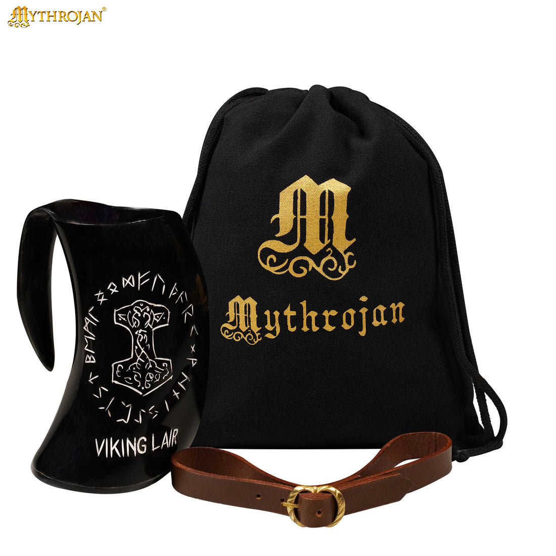 Mythrojan Viking Drinking Tankard with Medieval Buckle Leather Strap Wine Beer Mead Mug - Polished Finish - Viking Liar