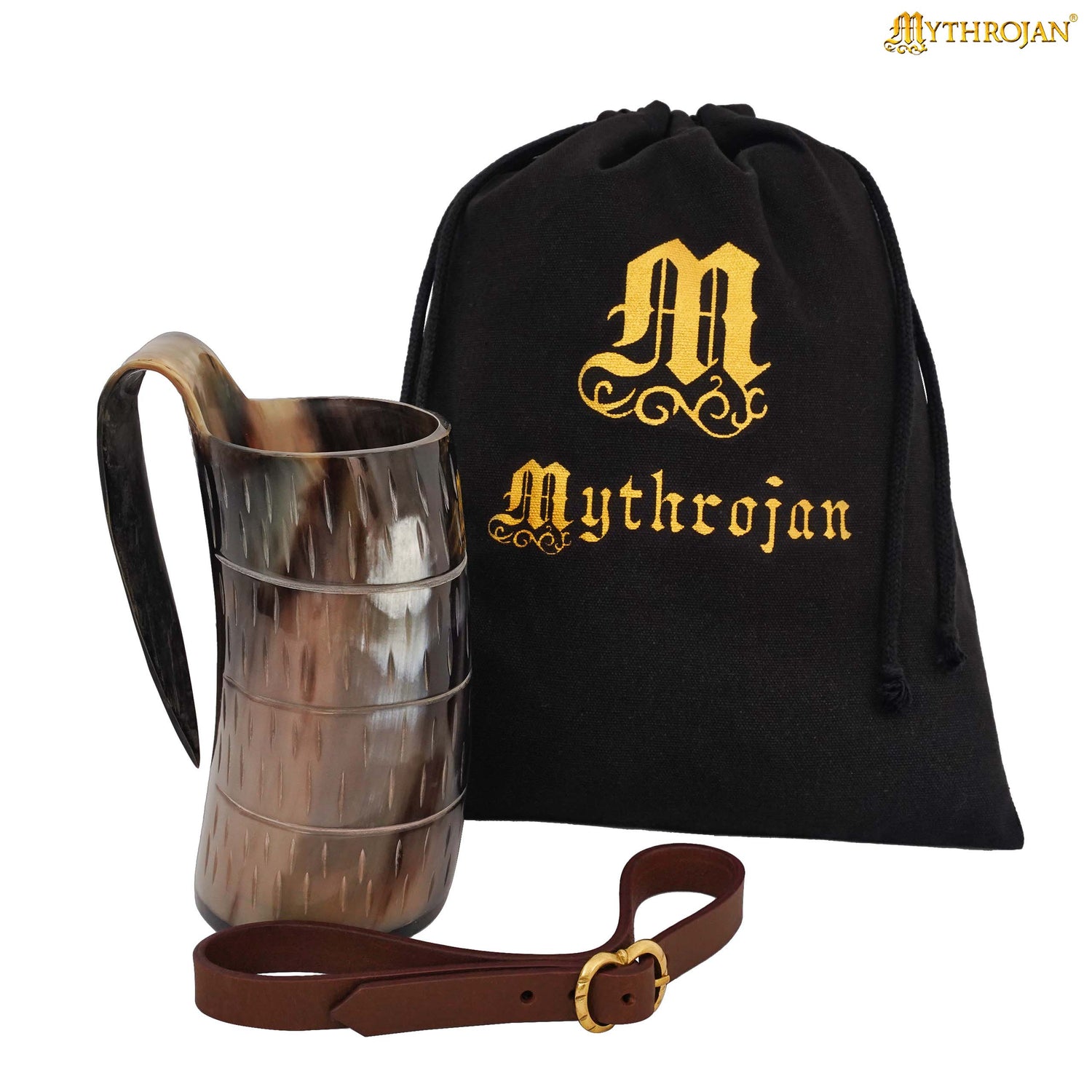 Mythrojan Viking Drinking Tankard with Medieval Buckle Leather Strap Wine Beer Mead Mug 600 ML - Polished Finish