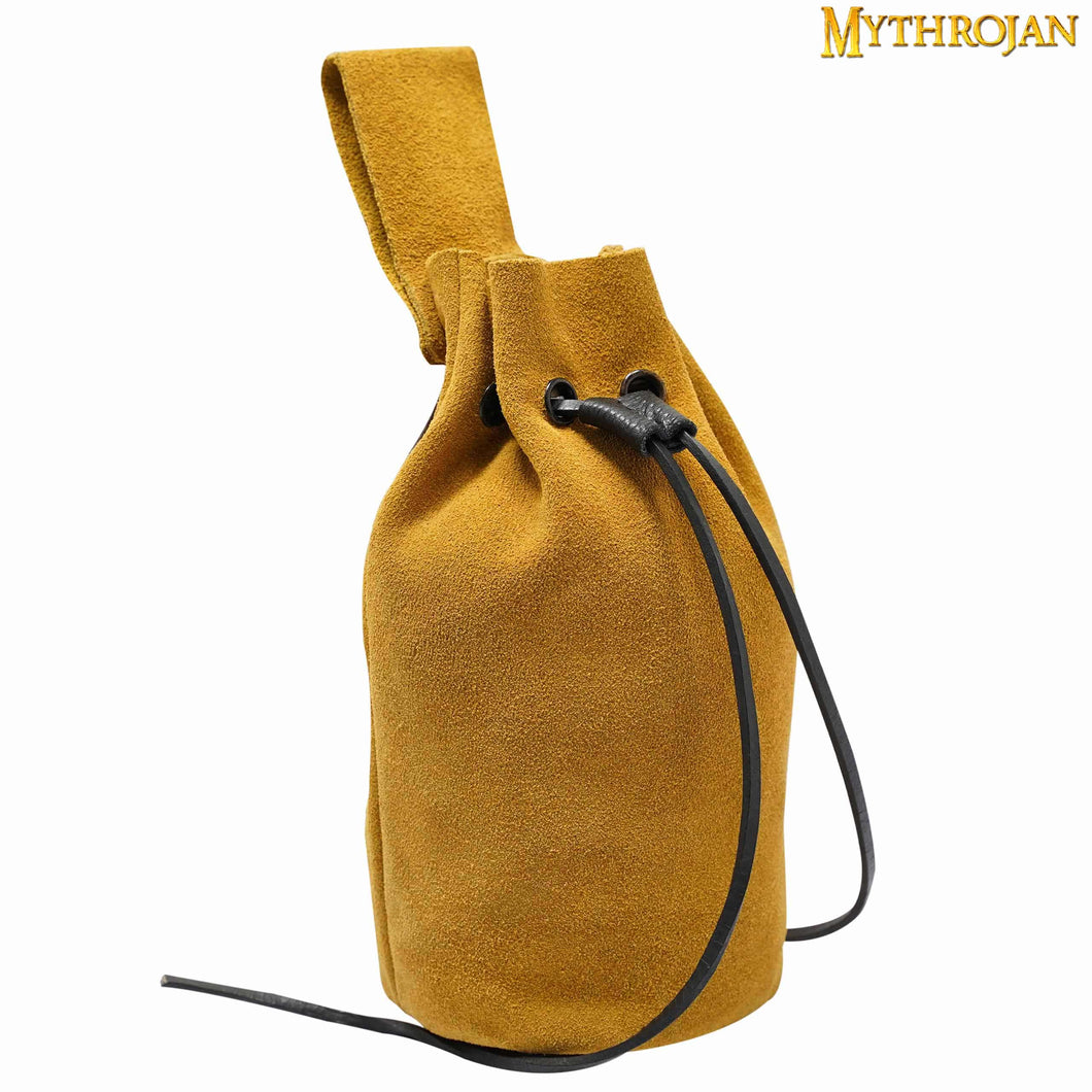 Mythrojan Medieval Drawstring Belt Bag, Ideal for SCA LARP Reenactment & Ren fair , Suede Leather , Yellow 8” ×6.5 ”