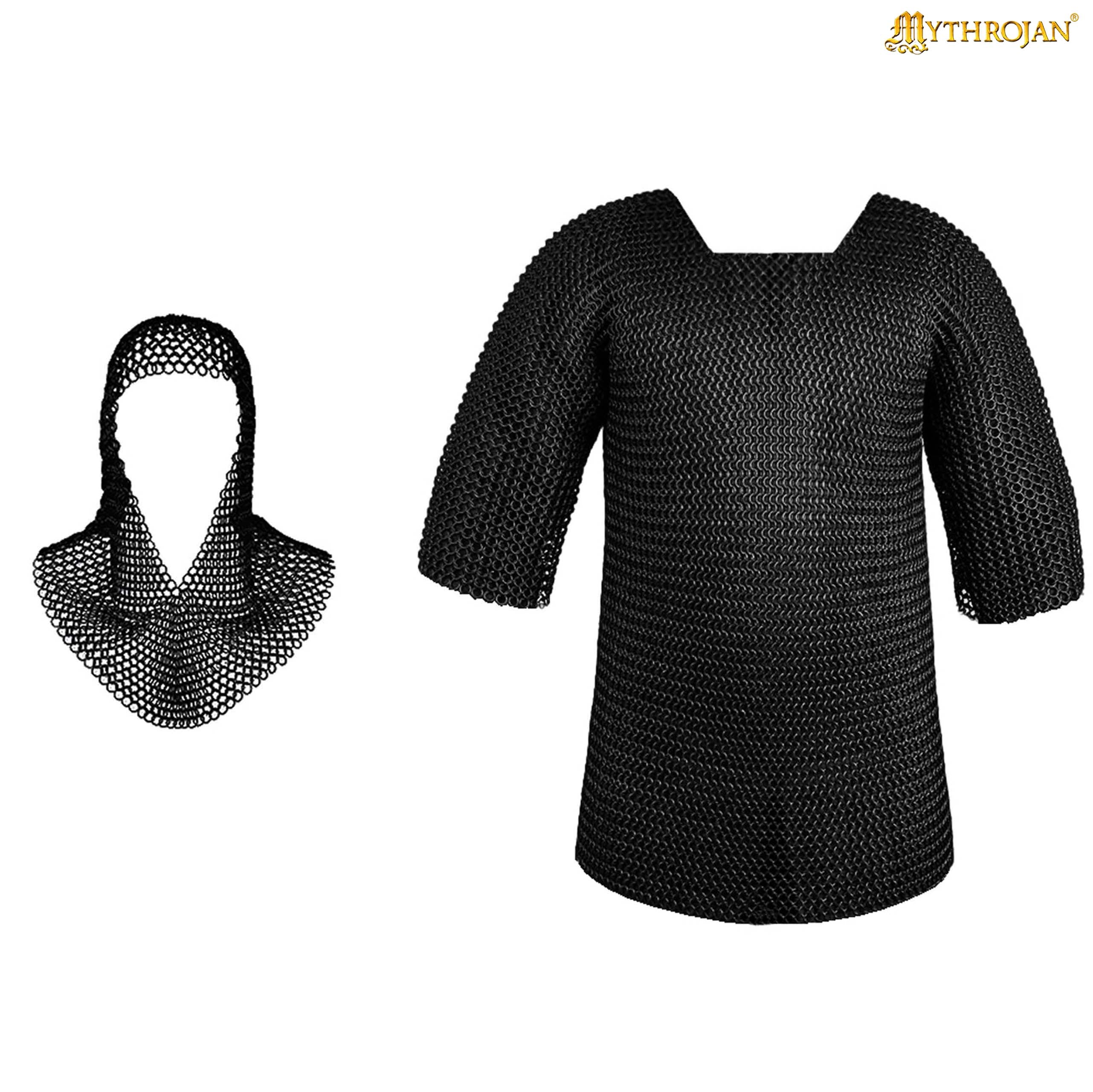 Mythrojan Chainmail Shirt with Coif Medieval Knight Armor Costume – Black Finish