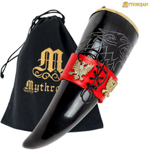 mythrojan-the-king-of-the-north-viking-drinking-horn-with-leather-holder-polished-finish-300-ml-with-red-leather-holder-300ml