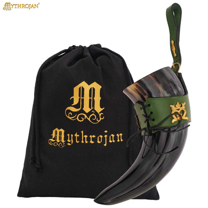 Mythrojan&quot;THE ELEGANT LADY&quot; Viking Drinking Horn with Leather Holder Authentic Medieval Inspired Viking Wine/Mead Mug - Polished Finish - 250 ML / Green