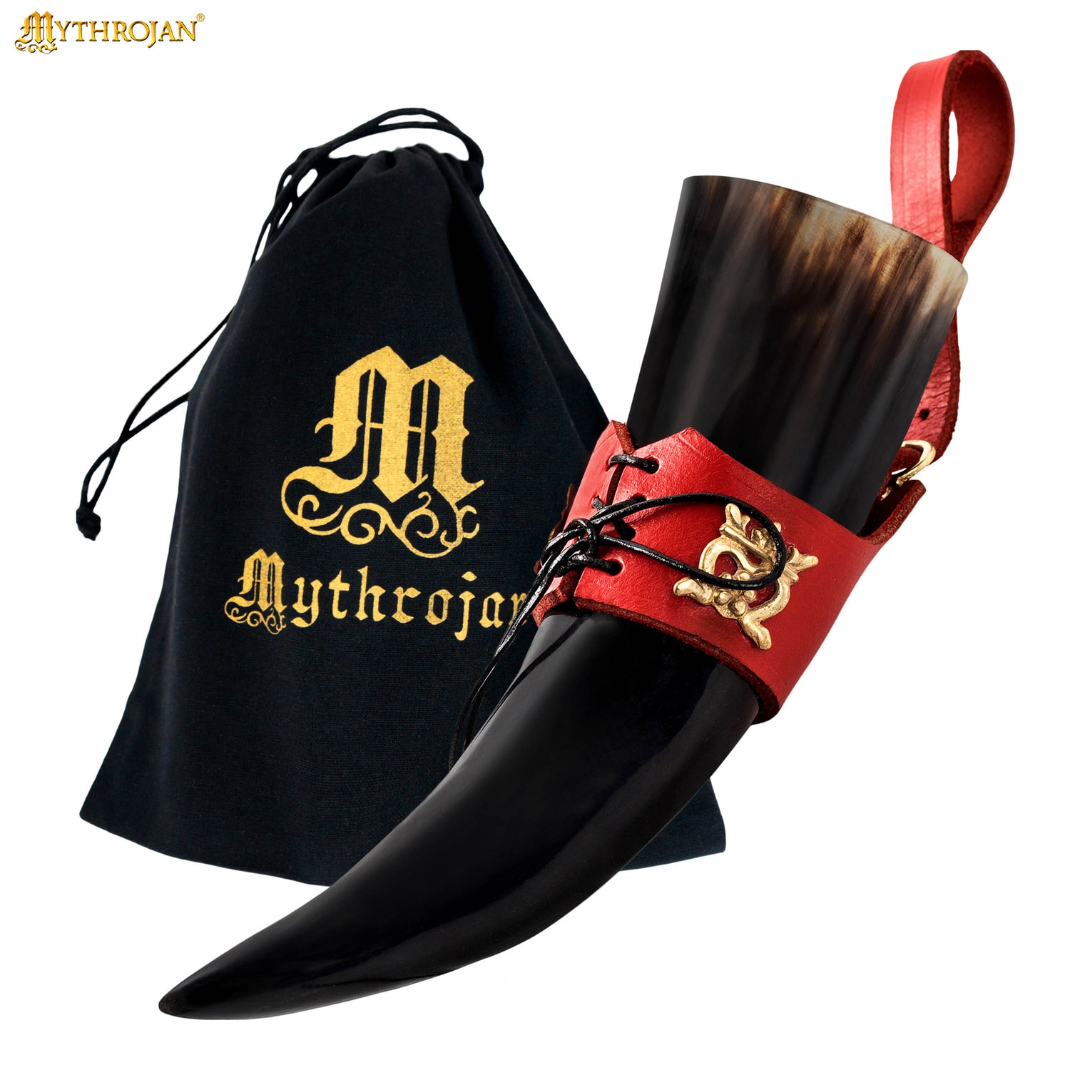 Mythrojan&quot;THE ELEGANT LADY&quot; Viking Drinking Horn with Leather Holder Authentic Medieval Inspired Viking Wine/Mead Mug - Polished Finish - 250 ML / Red