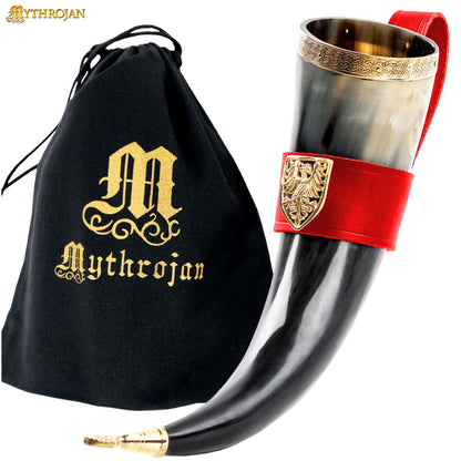 Mythrojan THE TOURNAMENT CHAMPION - Viking Drinking Horn with Brown Leather Holder Authentic Medieval Inspired Viking Wine/Mead Mug - Polished Finish