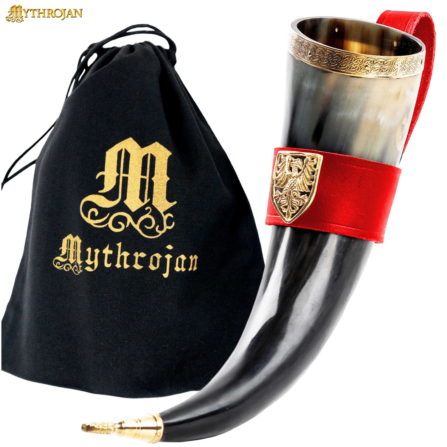 Mythrojan THE TOURNAMENT CHAMPION - Viking Drinking Horn with Red Leather Holder Authentic Medieval Inspired Viking Wine/Mead Mug - Polished Finish