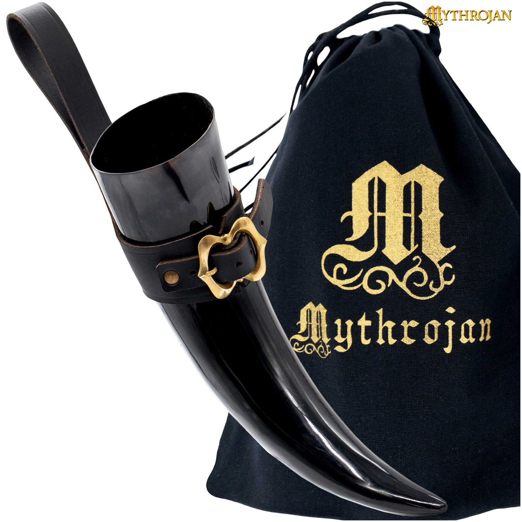 Mythrojan THE LOYAL SOLDIER - Viking Drinking Horn with Black Leather holder Authentic Medieval Inspired Viking Wine/Mead Mug - Polished Finish - 600ML