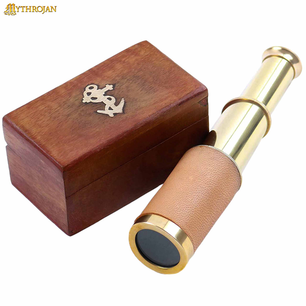 Mythrojan Mini Pirate Spyglass Telescope Brass Colapsable Hand Telescope with Wooden Box Small Vintage Telescope Pirate Decore Brass Decorative Telescope 9'' - Natural