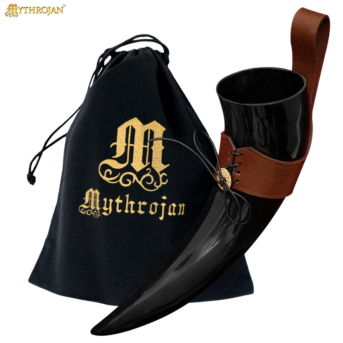 Mythrojan Drinking Horn with Leather Holder Authentic Medieval Inspired Viking Wine/Mead Mug (Brown, 650 ML)