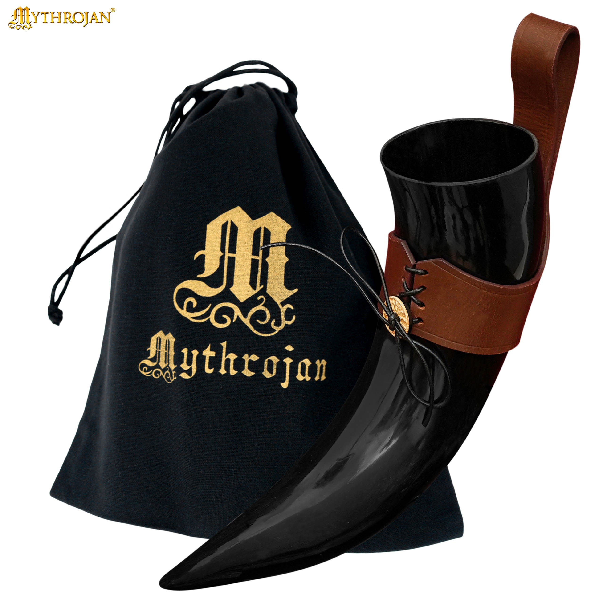 Mythrojan Drinking Horn with Leather Holder Authentic Medieval Inspired Viking Wine/Mead Mug (Brown, 650 ML)