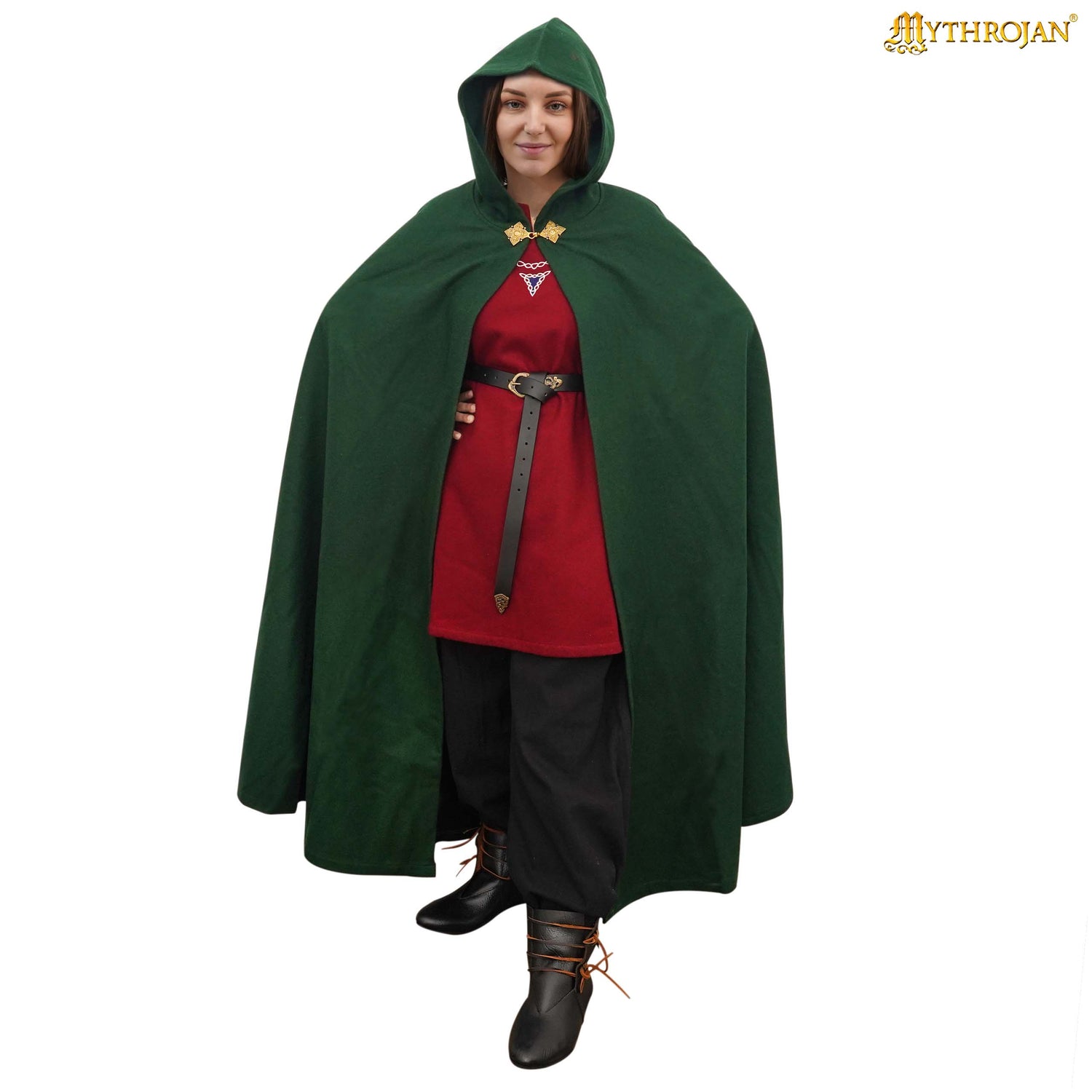 Mythrojan Woolen Hooded Cloak /Cape with delicate BRASS BROOCH Medieval Wool C ape for Ranger LARP SCA Cosplay, Green , Large