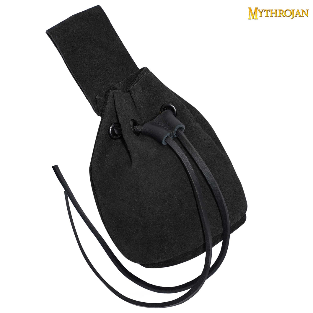 Mythrojan Medieval Drawstring Belt Bag, Ideal for SCA LARP Reenactment & Ren fair , Suede Leather , Black 6” ×5 ”