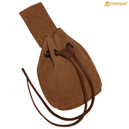 Mythrojan Medieval Drawstring Belt Bag, Ideal for SCA LARP Reenactment &amp; Ren fair , Suede Leather , Brown 6” ×5 ”