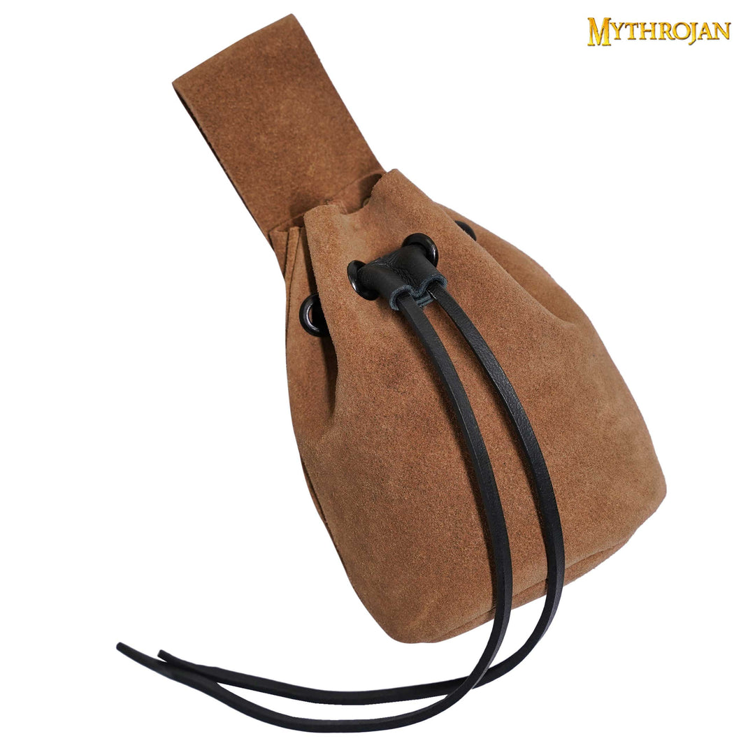 Mythrojan Medieval Drawstring Belt Bag, Ideal for SCA LARP Reenactment & Ren fair , Suede Leather , Brown 6” ×5 ”