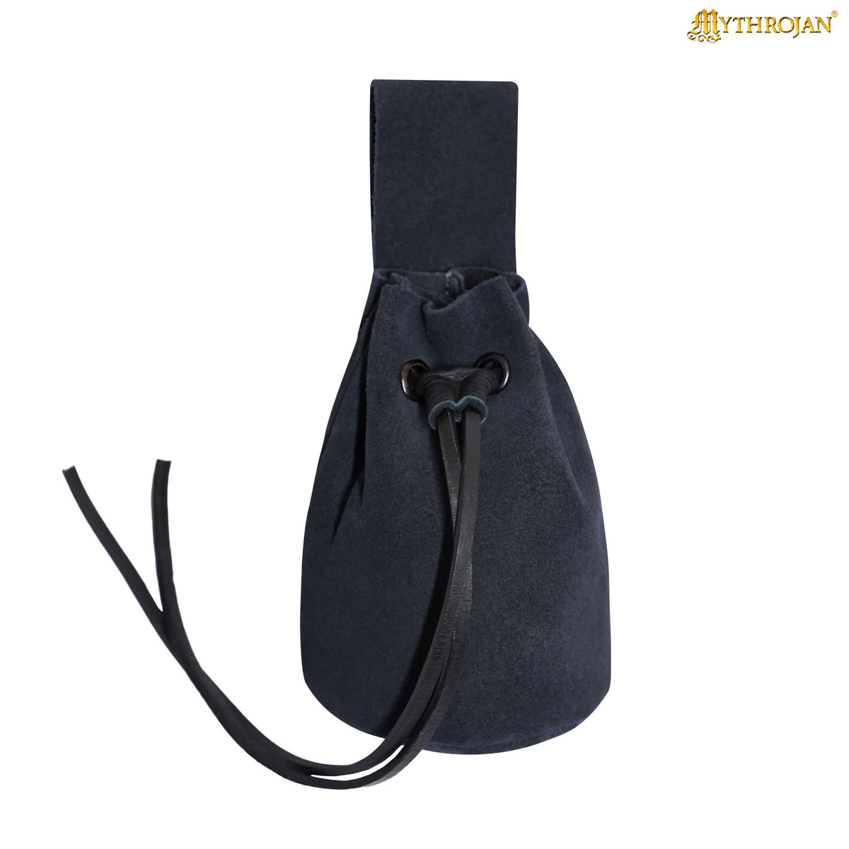 Mythrojan Medieval Drawstring Belt Bag, Ideal for SCA LARP Reenactment &amp; Ren fair , Suede Leather , Black 6” ×5 ”