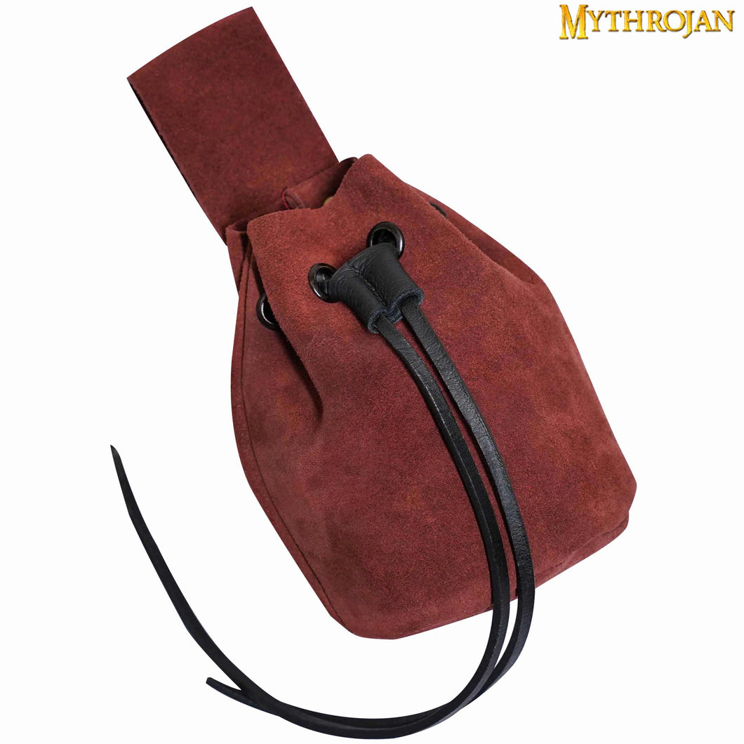 Mythrojan Medieval Drawstring Belt Bag, Ideal for SCA LARP Reenactment & Ren fair , Suede Leather , Burgundy 6” ×5 ”