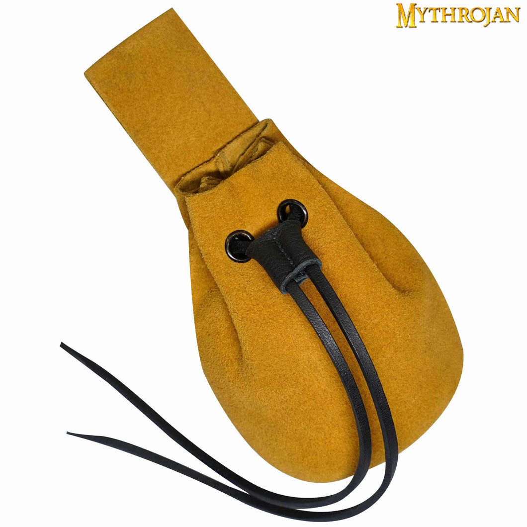 Mythrojan Medieval Drawstring Belt Bag, Ideal for SCA LARP Reenactment & Ren fair , Suede Leather , Gold 6” ×5 ”