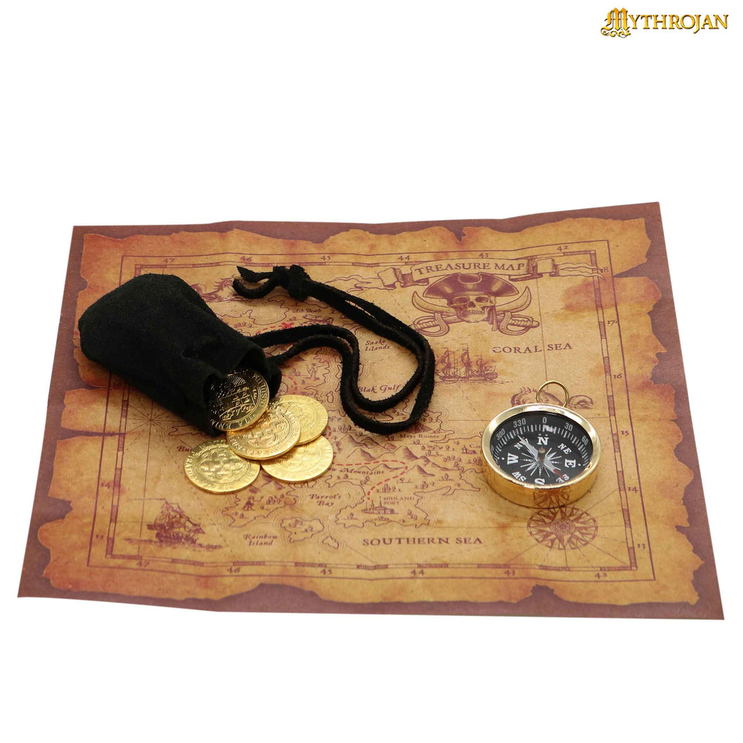 Mythrojan Pirate Set: Treasure Map, Brass Functional Compass, and 5 Brass Coins with Black Trinket Suede Leather Bag