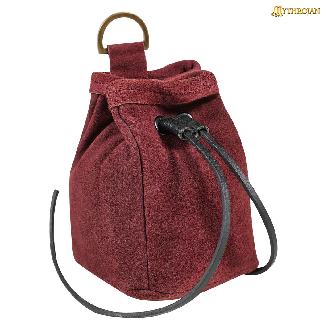 Mythrojan Medieval Drawstring Belt Bag, ideal for SCA LARP reenactment & Ren fair, Suede Leather, Burgundy, 5”×4”