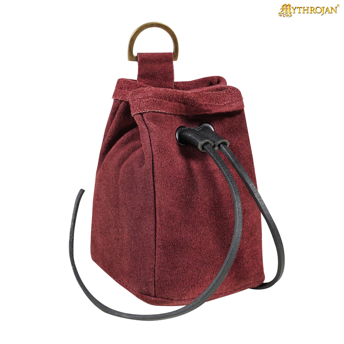 Mythrojan Medieval Drawstring Belt Bag, ideal for SCA LARP reenactment &amp; Ren fair, Suede Leather, Burgundy, 5”×4”