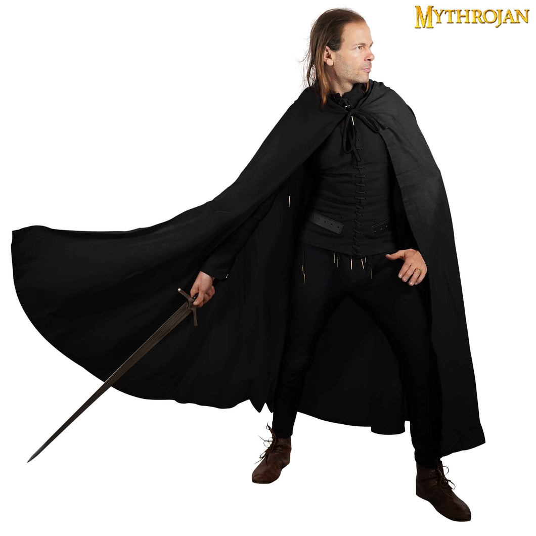 Mythrojan “Adventurer” CANVAS Cloak/Cape 100% cotton Medieval Viking Knight SCA LARP, Black, Large