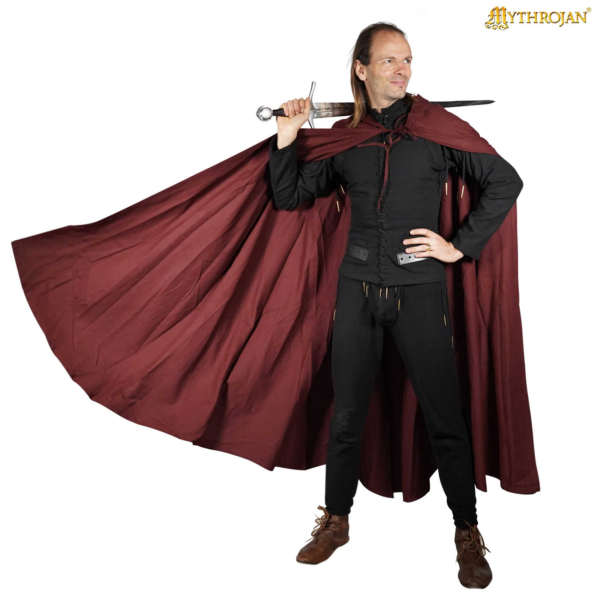 Mythrojan “Adventurer” CANVAS Cloak/Cape 100% cotton Medieval Viking Knight SCA LARP, Black, Large