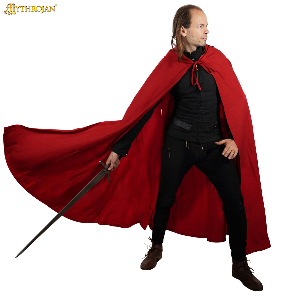 Mythrojan “Adventurer” CANVAS Cloak/Cape 100% cotton Medieval Viking Knight SCA LARP, Black, Large