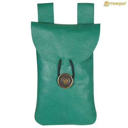 Mythrojan Leather Belt Bag, Ideal for SCA LARP Reenactment &amp; Ren fair, Full Grain Leather, Green , 7.2 ”× 4.7 ”