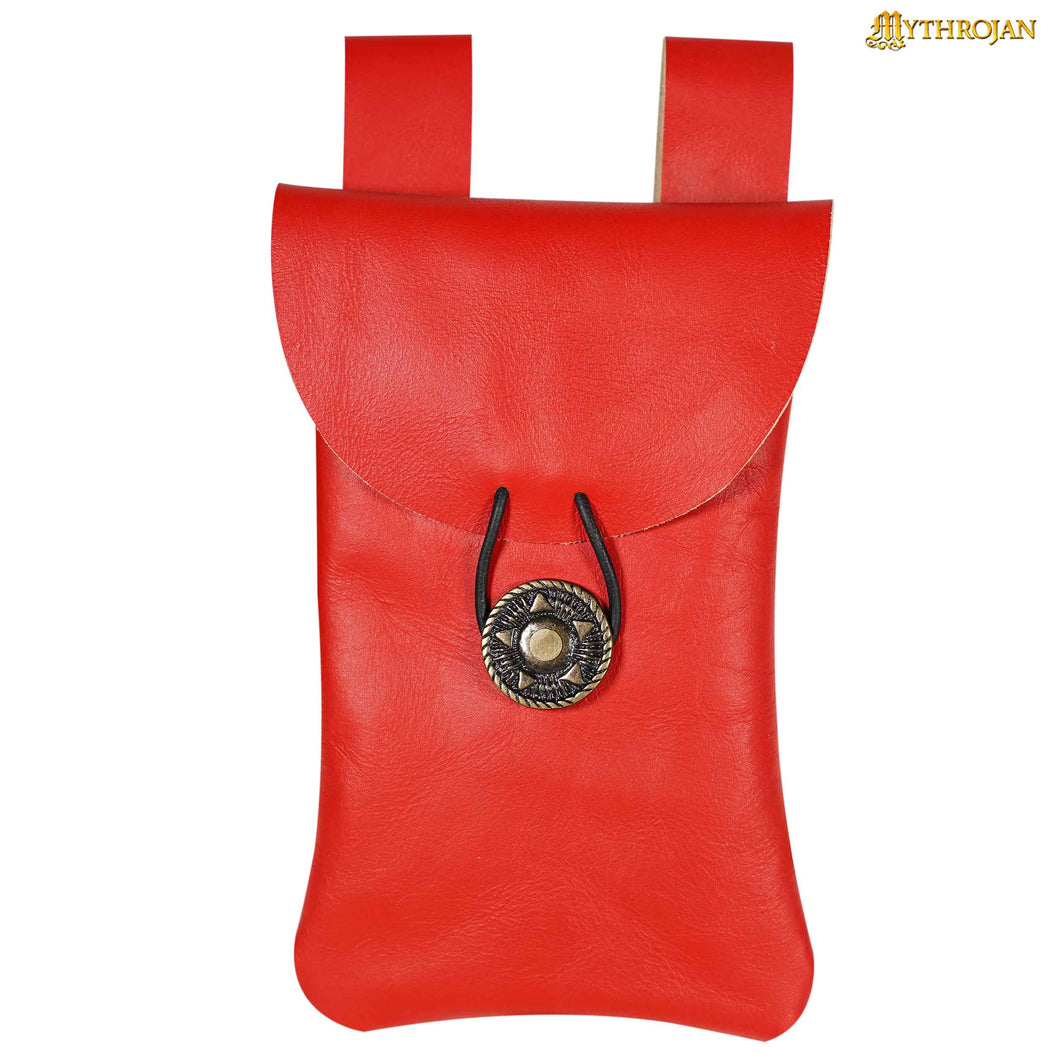 Mythrojan Leather Belt Bag, Ideal for SCA LARP Reenactment & Ren fair, Full Grain Leather, Red , 7.2 ”× 4.7 ”