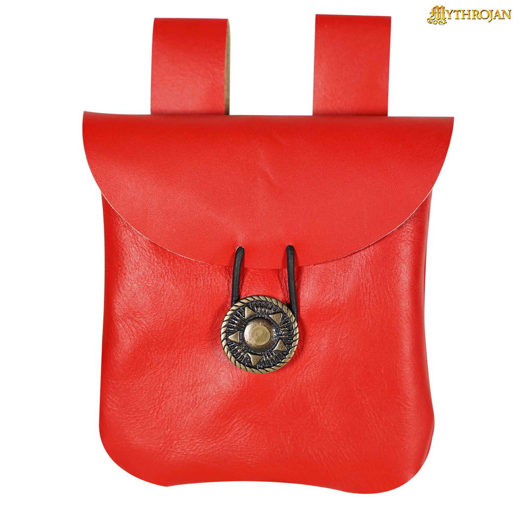 Mythrojan Leather Belt Bag, Ideal for SCA LARP Reenactment & Ren fair, Full Grain Leather, Red , 5 .5”× 5.1 ”
