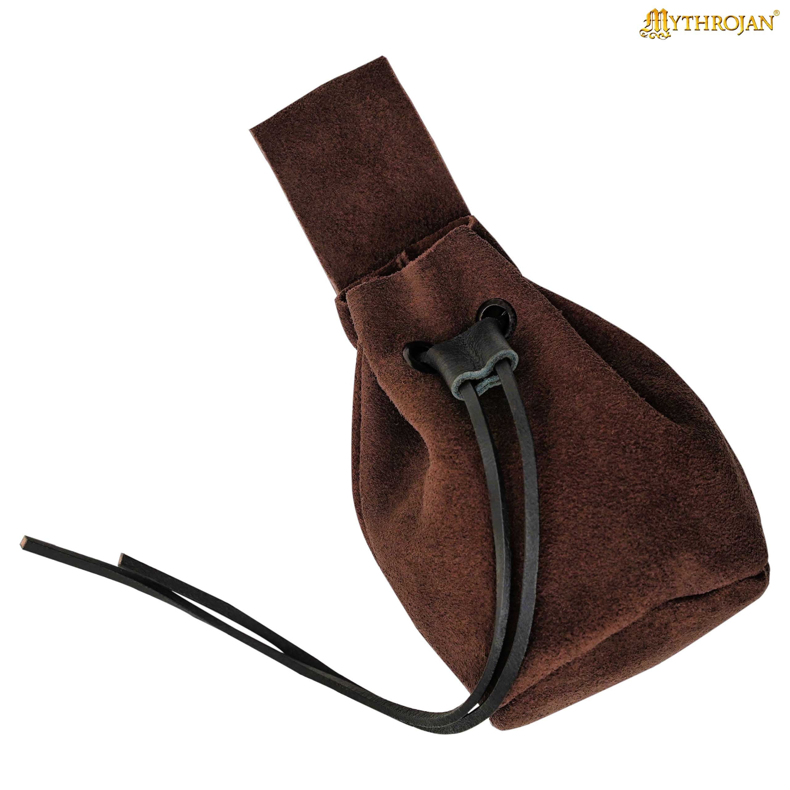 Mythrojan Medieval Drawstring Belt Bag, Ideal for SCA LARP Reenactment &amp; Ren Fair, Suede Leather, Chocolate Brown, 5&quot; X 6&quot;