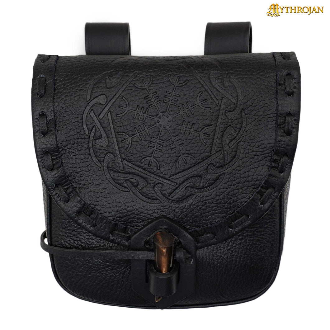 Mythrojan “The Adventurer’s” Belt Bag with Horn Toggle, ideal for SCA LARP reenactment & Ren fair, Full Grain Leather, Black 7”