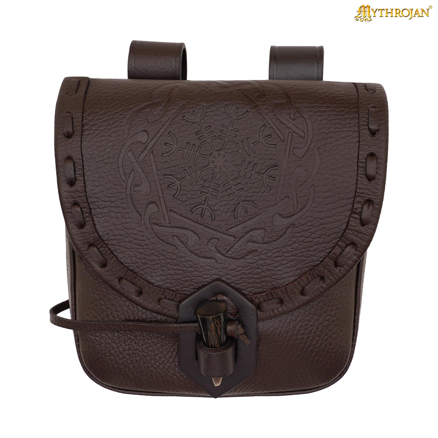 Mythrojan “The Adventurer’s” Belt Bag with Horn Toggle, ideal for SCA LARP reenactment &amp; Ren fair, Full Grain Leather, Black 7”