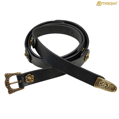 Mythrojan “Laguerta” Viking Leather Belt with Solid Brass historical Buckle and Chape, Ideal for shieldmaiden &amp; warrior in LARP SCA Medieval Reenactment, BROWN