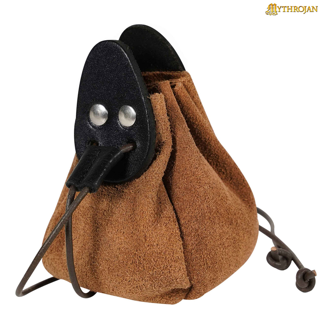 Mythrojan “Gold and Dice” Drawstring Pouch, Ideal for SCA LARP Reenactment & Ren fair - Suede Leather Pouch , Brown , 4”