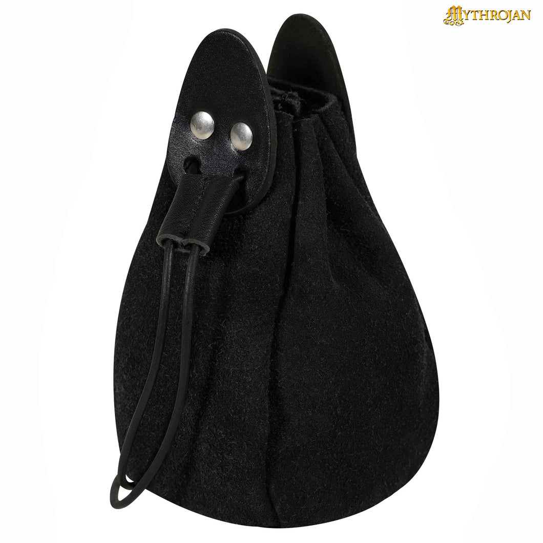 Mythrojan “Gold and Dice” Drawstring Pouch, Ideal for SCA LARP Reenactment & Ren fair - Suede Leather Pouch, Black , 6 ”