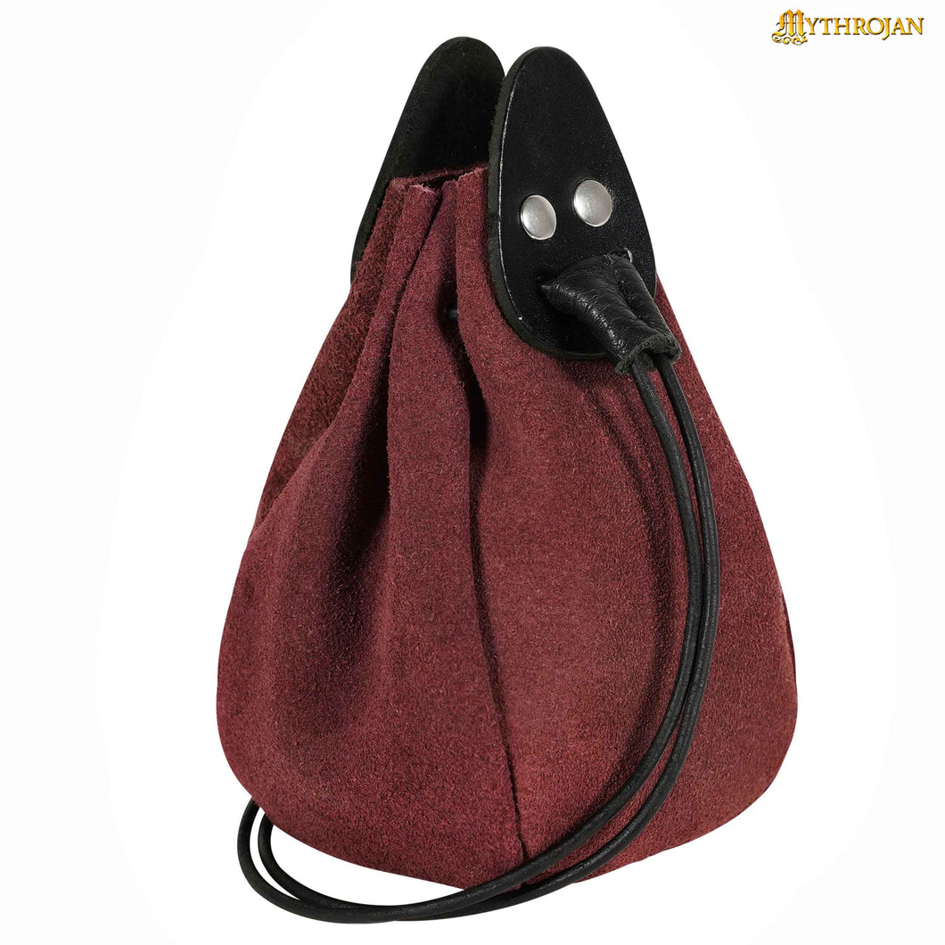 Mythrojan “Gold and Dice” Drawstring Pouch, Ideal for SCA LARP Reenactment & Ren fair - Suede Leather Pouch, Wine Red , 6 ”