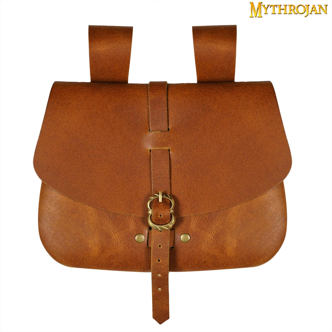 Mythrojan Medieval Leather Bag, Ideal for SCA LARP Reenactment & Ren fair , Full Grain Leather, Brown 6.2 ”× 7 ”