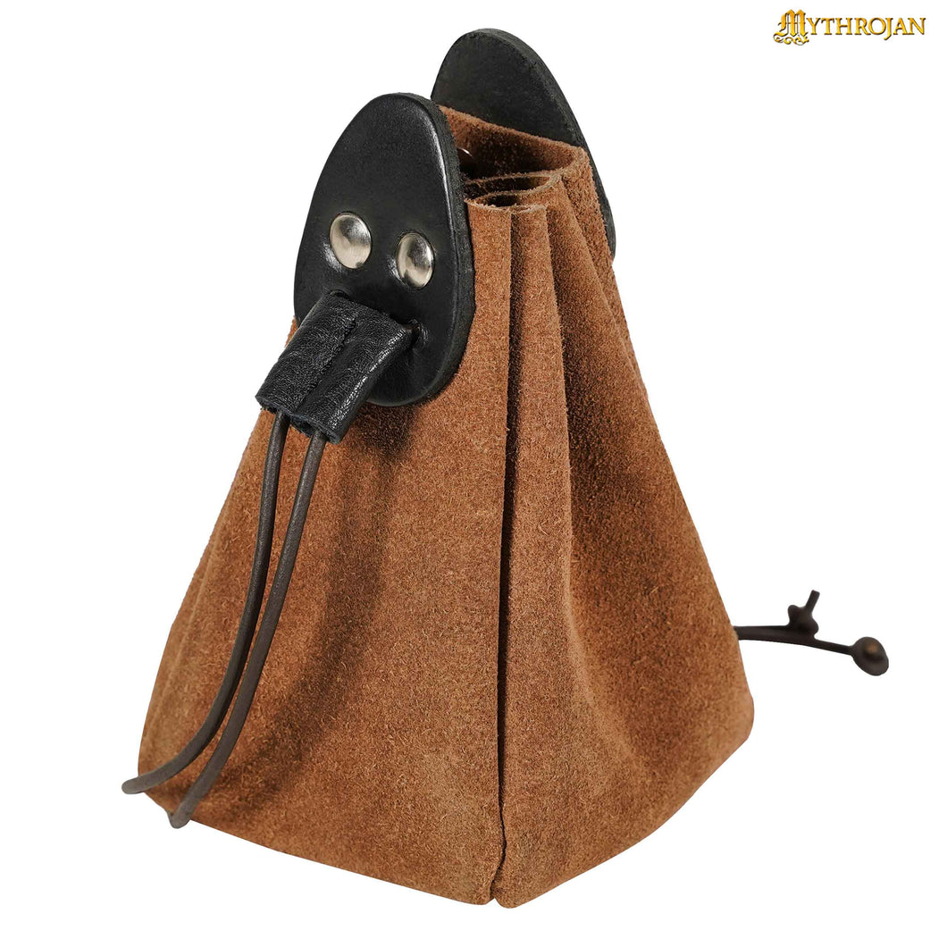 Mythrojan “Gold and Dice” Drawstring Pouch, Ideal for SCA LARP Reenactment & Ren fair - Suede Leather Pouch, Black and Brown , 6 ”