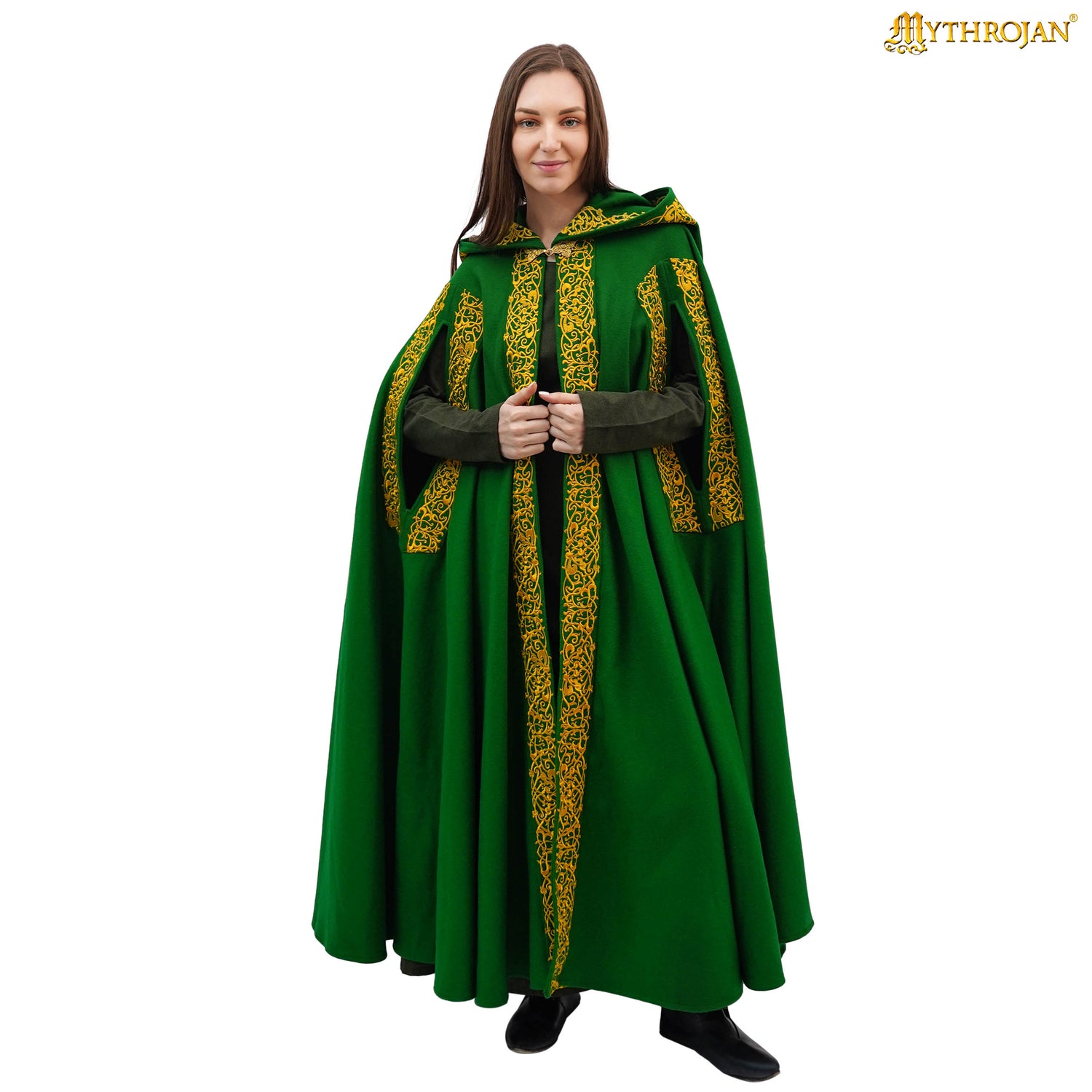 Mythrojan Embroidered Woolen Hooded Cloak /Cape with delicate BRASS BROOCH Medieval Wool Cape for Ranger LARP SCA Cosplay, Green , Large