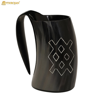 Mythrojan Tumbler Viking Drinking Cup with Handle &amp; Medieval Buckle Renaissance with Leather Strap - Unique Patern