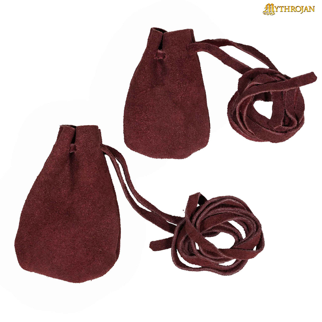 Mythrojan Pair of Medieval Drawstring Pouches, Ideal for SCA LARP Reenactment & Ren fair - Suede Leather, Wine Red