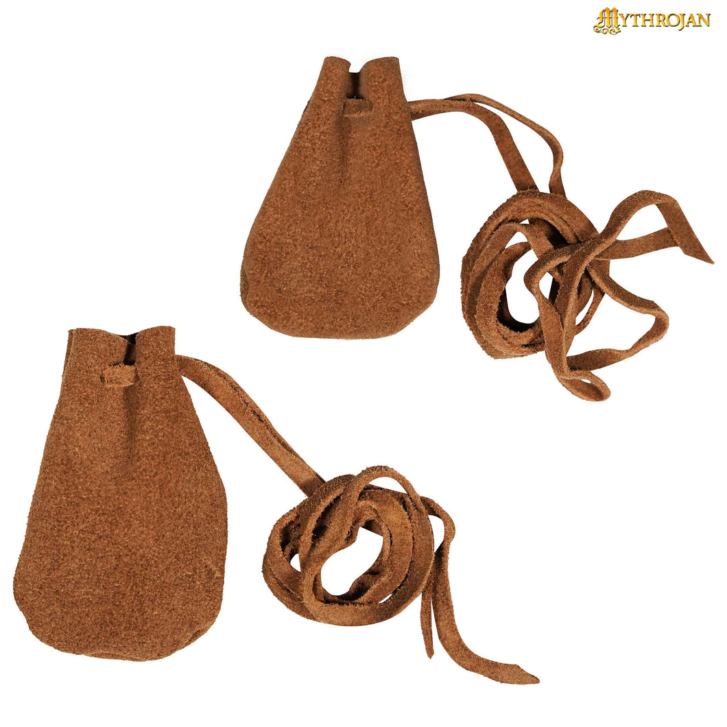 Mythrojan Pair of Medieval Drawstring Pouches, Ideal for SCA LARP Reenactment & Ren fair - Suede Leather, Brown