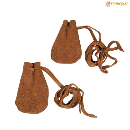 Mythrojan Pair of Medieval Drawstring Pouches, Ideal for SCA LARP Reenactment &amp; Ren fair - Suede Leather, Brown