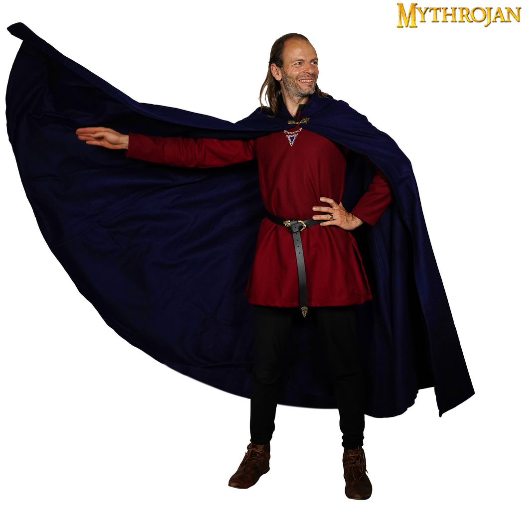 Mythrojan Woolen Hooded Cloak/Cape with delicate BRASS BROOCH Medieval Wool Cape for Ranger LARP SCA Cosplay, Navy Blue, Large