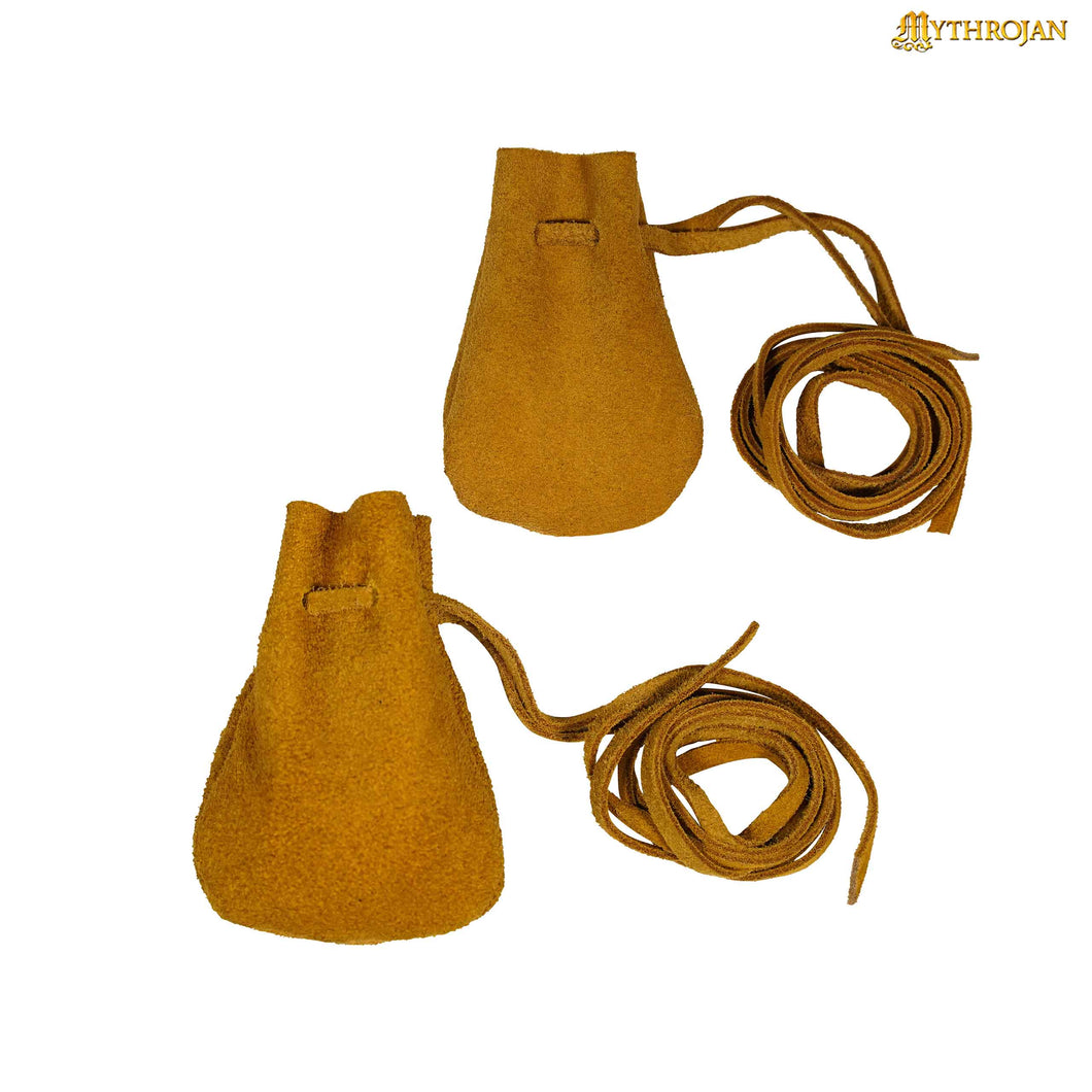 Mythrojan Pair of Medieval Drawstring Pouches, Ideal for SCA LARP Reenactment & Ren fair - Suede Leather, Yellow