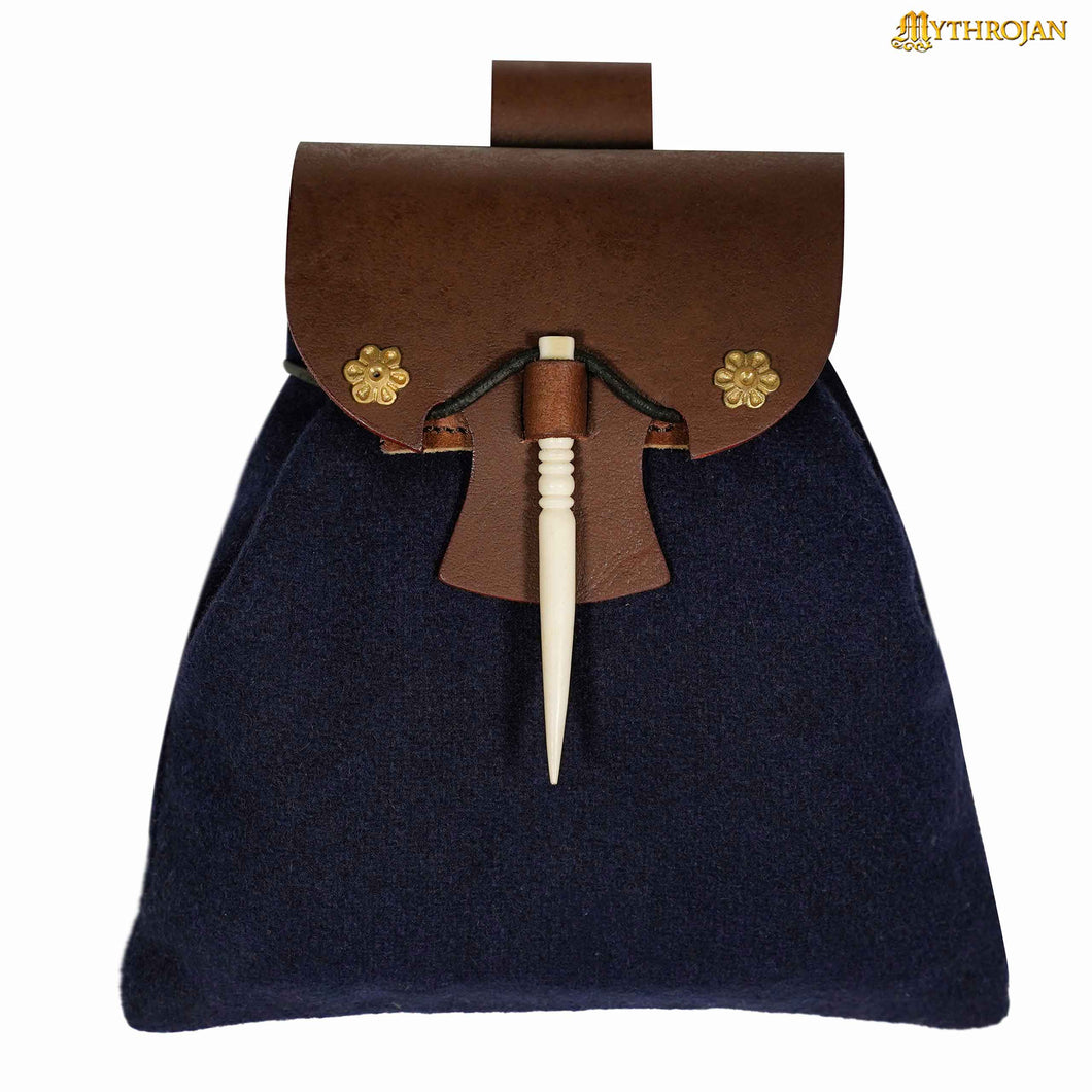 Mythrojan “Gold and Dice” Medieval Fantasy Belt Bag with Bone Needle Closure, Ideal for SCA LARP Reenactment & Ren fair , Brown and Blue , 8 ” × 7”