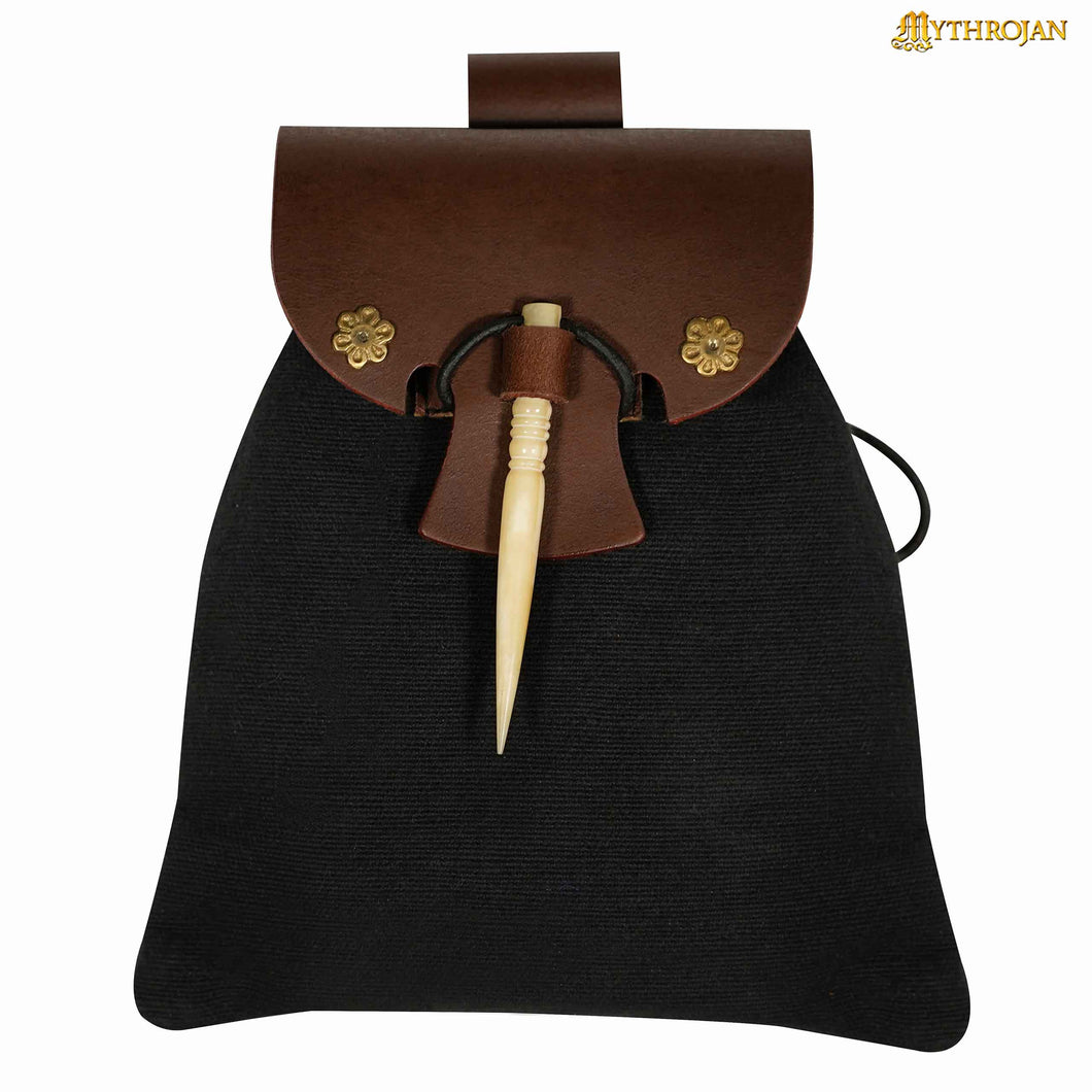 Mythrojan “Gold and Dice” Medieval Fantasy Belt Bag with Bone Needle Closure, Ideal for SCA LARP Reenactment & Ren fair, Brown and Black, 7”×7”