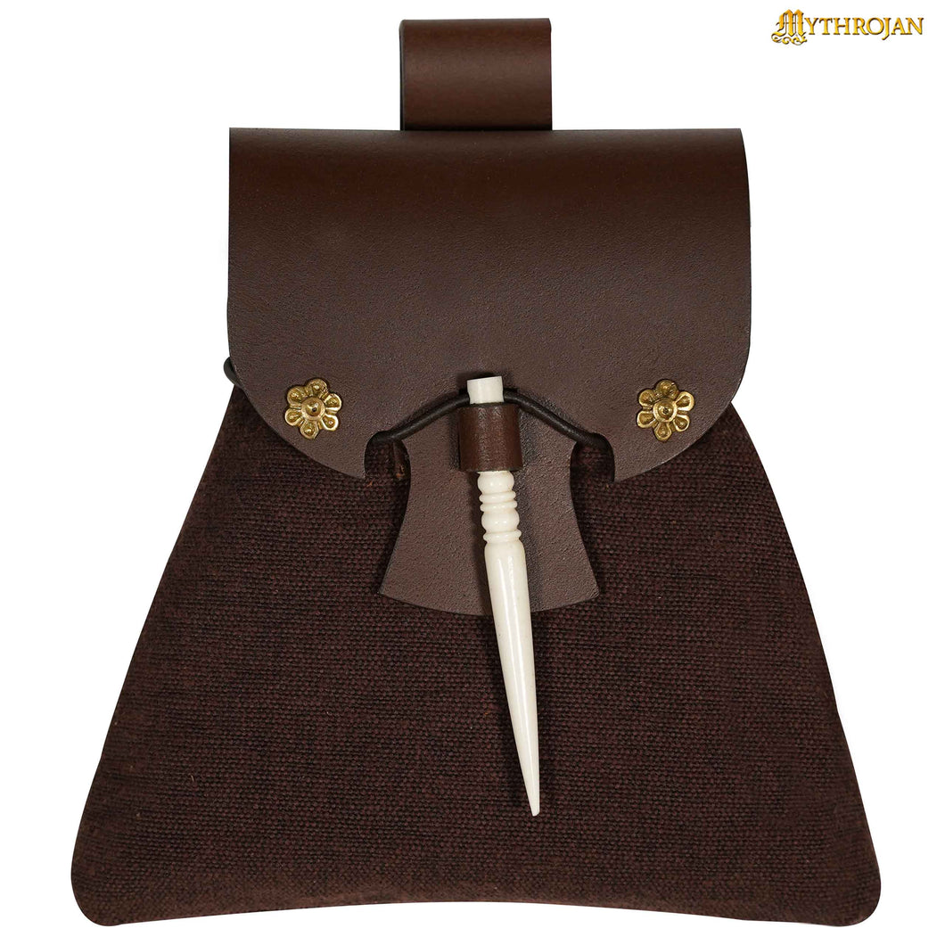 Mythrojan “Gold and Dice” Medieval Fantasy Belt Bag with Bone Needle Closure, Ideal for SCA LARP reenactment & Ren fair, Brown, 7”×7”