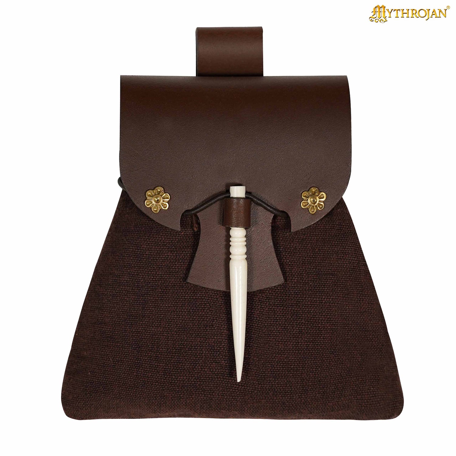 Mythrojan “Gold and Dice” Medieval Fantasy Belt Bag with Bone Needle Closure, Ideal for SCA LARP reenactment &amp; Ren fair, Brown, 7”×7”